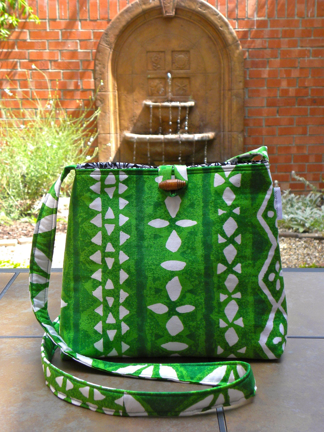 Messenger Bag - Vintage Kelly Green and White Tiki Tribal