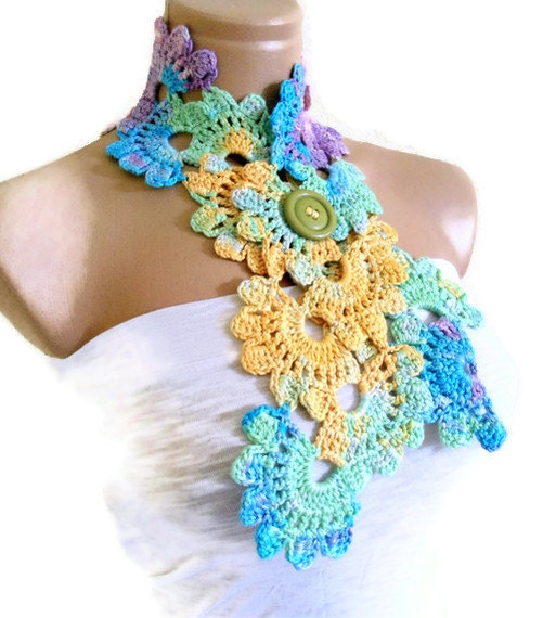 Crocheted Multi Color Bamboo Lace Neckwarmer,scarf,fashion,gift, valentine,  summer trends, fashion, 2012