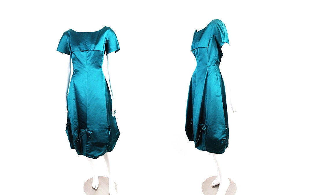 Vintage 1950s Silk Cocktail Dress - 50s Silk Satin Cocktail Dress - Teal - Size Medium - 30 Waist - Designer -  Neiman Marcus