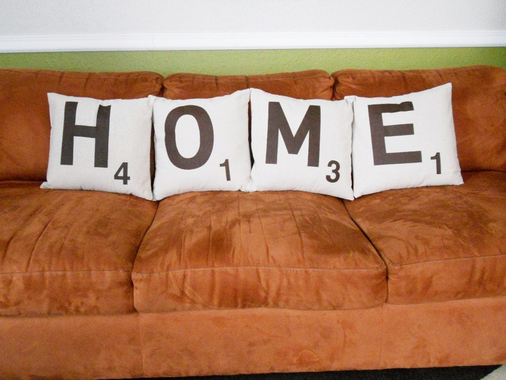 Set of Four Scrabble Letter decorative pillow cases - HOME or choose any 4 letters