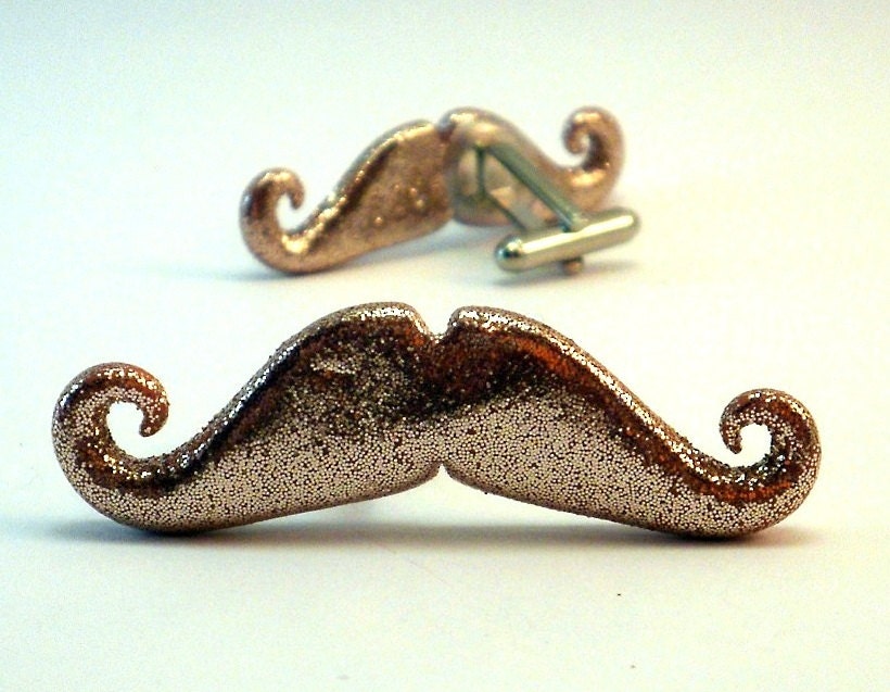 Peach Sparkle Glitter Mustache Cufflinks Handmade, Movember, wedding favors, groomsmens gifts, wedding gift, grooms