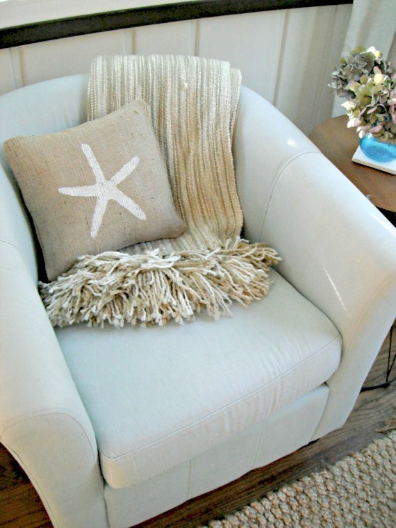 Starfish Burlap Pillow Cover - Starfish Decorations, Beach Cottage, Summer Party Decor