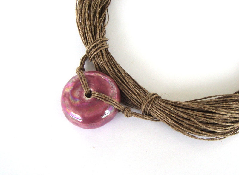 Linen necklace with ceramic bead / lavender / purple /  / eco jewelry / summer