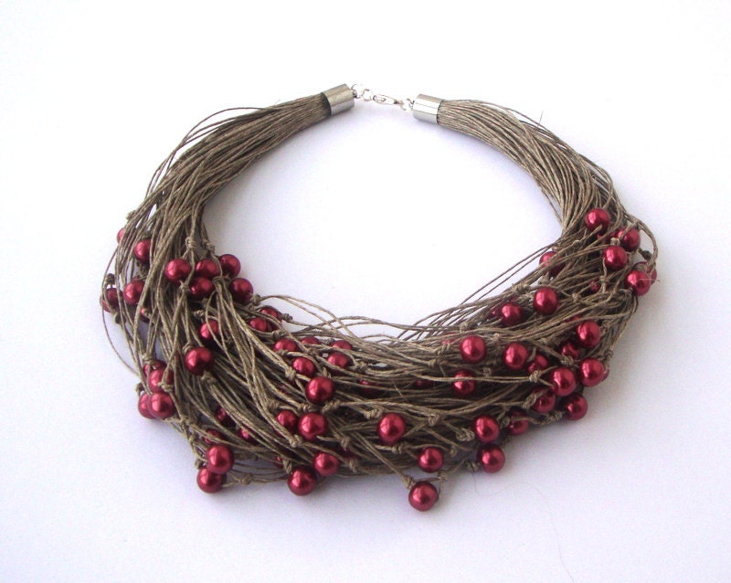 Burgundy -  linen necklace with pearls, beaded necklace, fashion necklace, elegant necklace, fall fashion, 2012 trends - dekkoline
