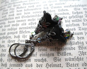 Black Fairy Flowers with Victorian Gunmetal Filigree. Gothic Mourning Flower Earrings.