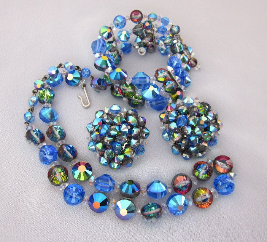 Signed HOBE Blue Crystal Necklace Set, Hobe Bracelet Set, Hobe Earrings, Vintage Crystal Jewelry Set - JryenDesigns