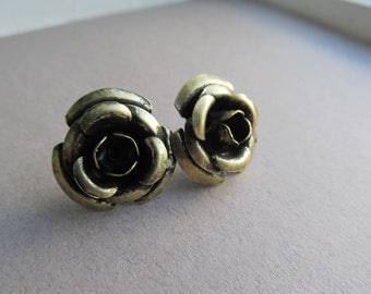 Large Oxidized  Brass Rose Studs