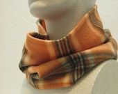 Autumn Fleece Neck Warmer Bittersweet Gold Brown Plaid Cowl Circle Scarf