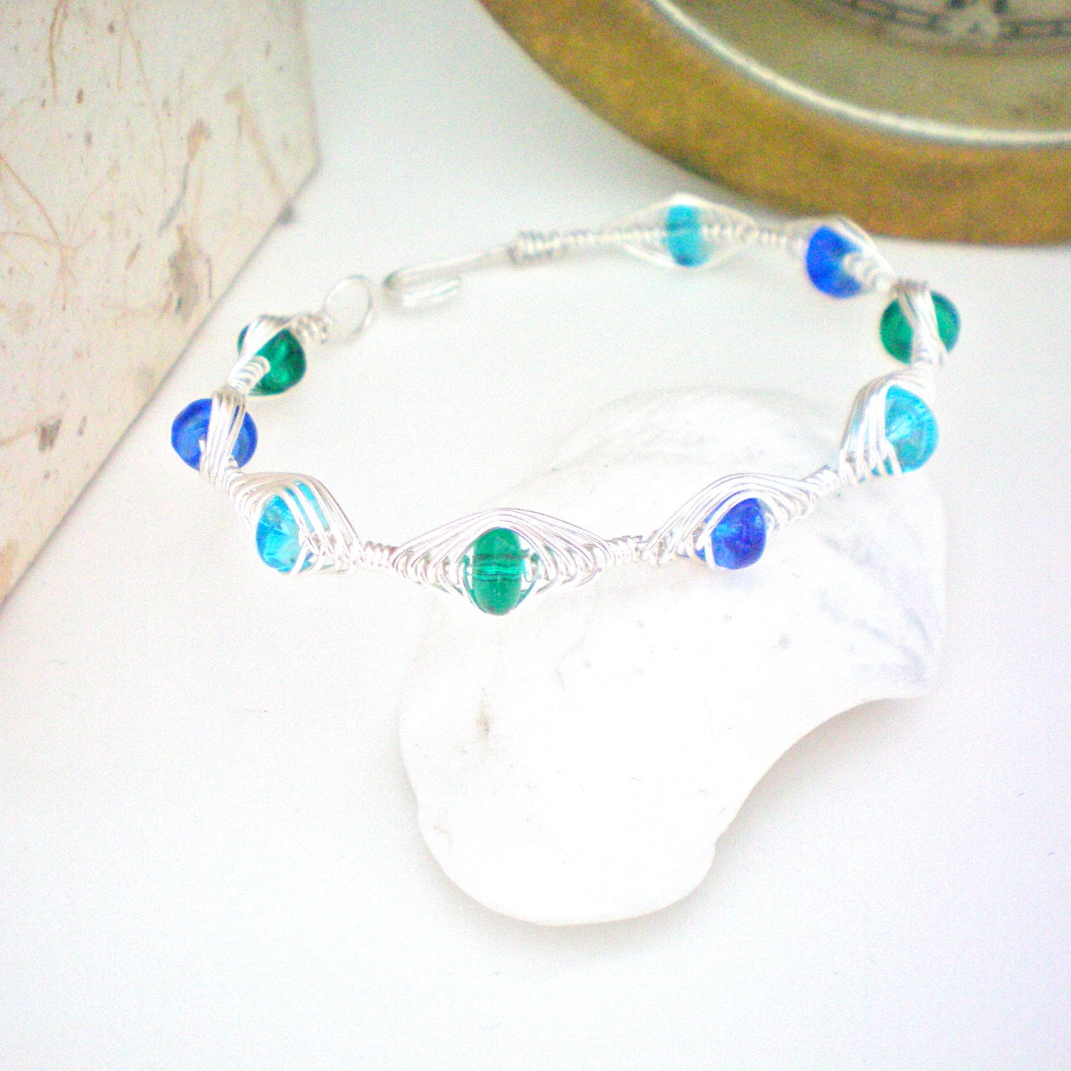 green and blue wire wrapped bangle bracelet