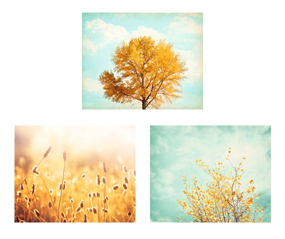 Autumn Photo Set - Set of 3 8x10 Prints - fall tree gold blue mint - nature photography - autumn wall art set - light teal turquoise fall
