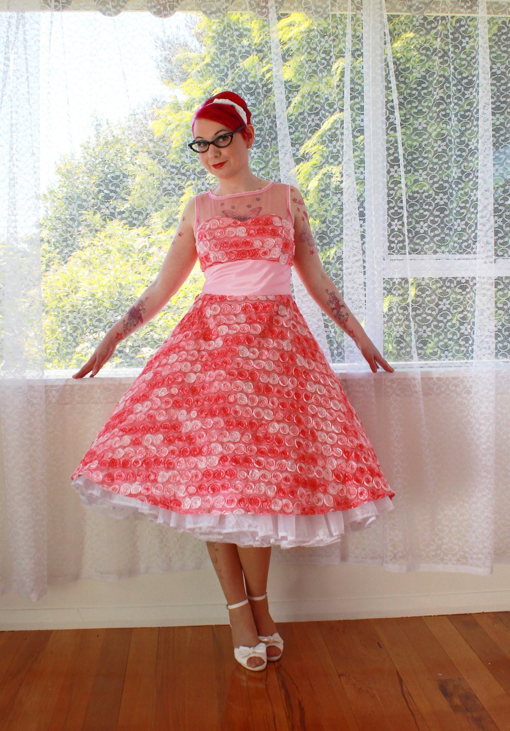 1950's Pink Rosette Dress "Pearl" with Tea-length Skirt, Tulle Underlay, Duchess Satin Waistband and Organza Petticoat - Custom made to fit