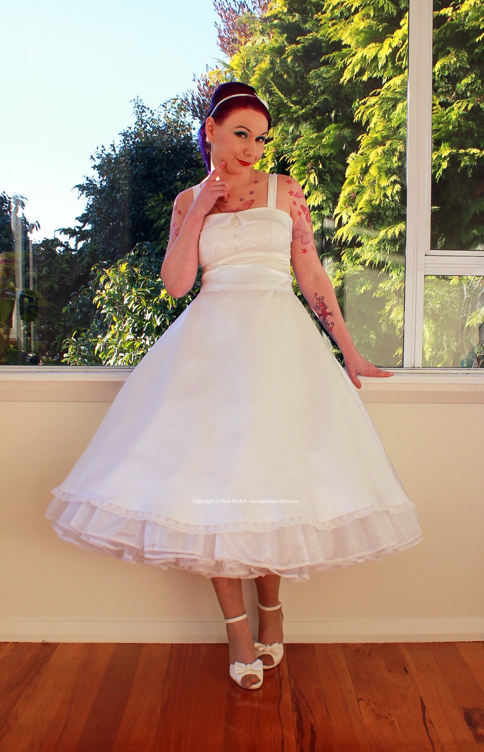 1950s 'Lucille'  Rockabilly Style Wedding Dress with a Lace Bodice, Tea Length Skirt and Organza Petticoat and Sash - custom made to fit