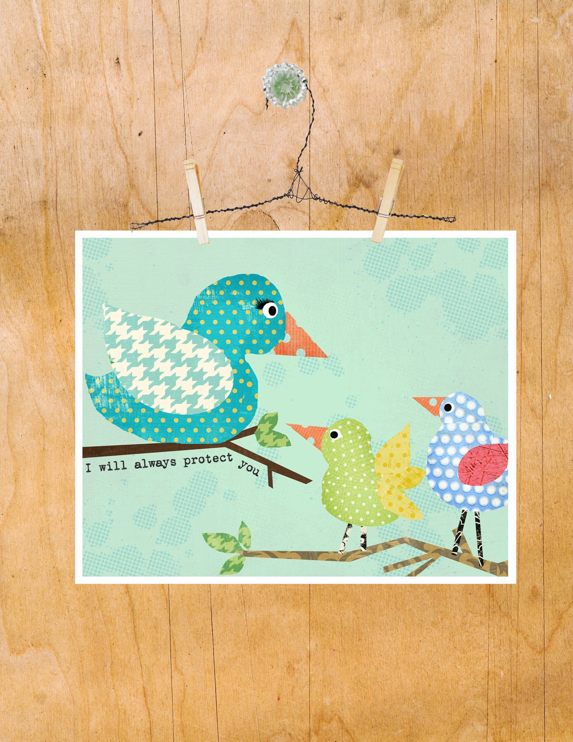 Art Birds Tree Boy Girl Nursery Toddler Decor, Mom and Baby Bird Love, 8 by 10