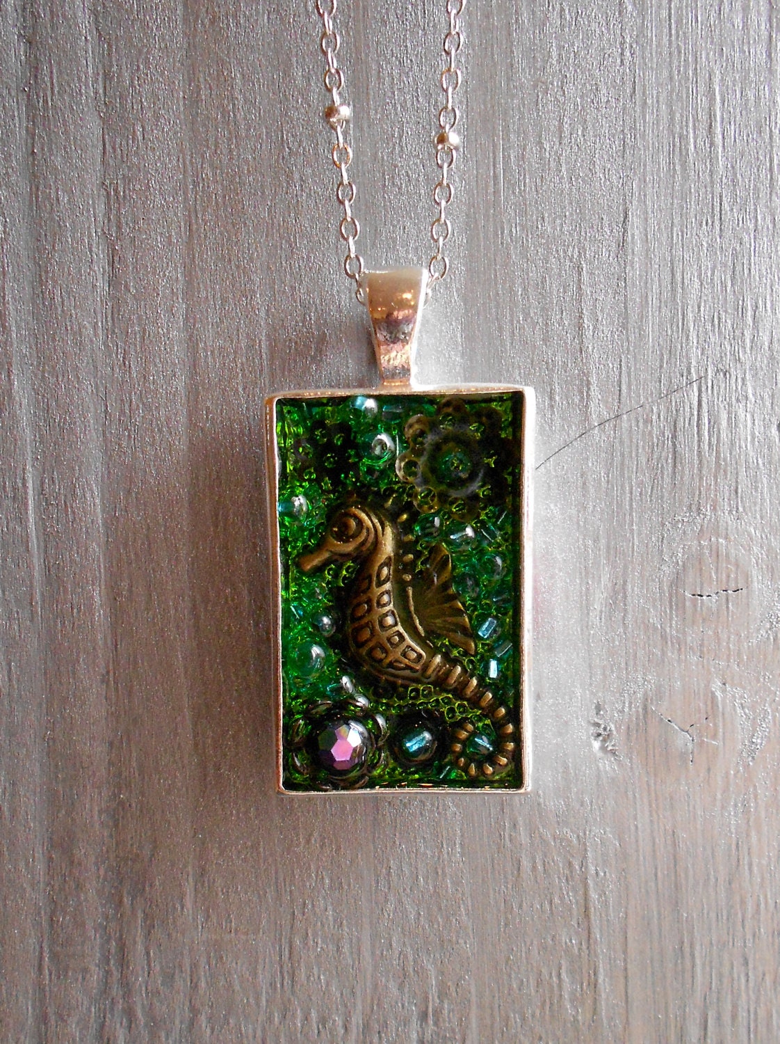 Seahorse Necklace, Green Resin and Silver Pendant,