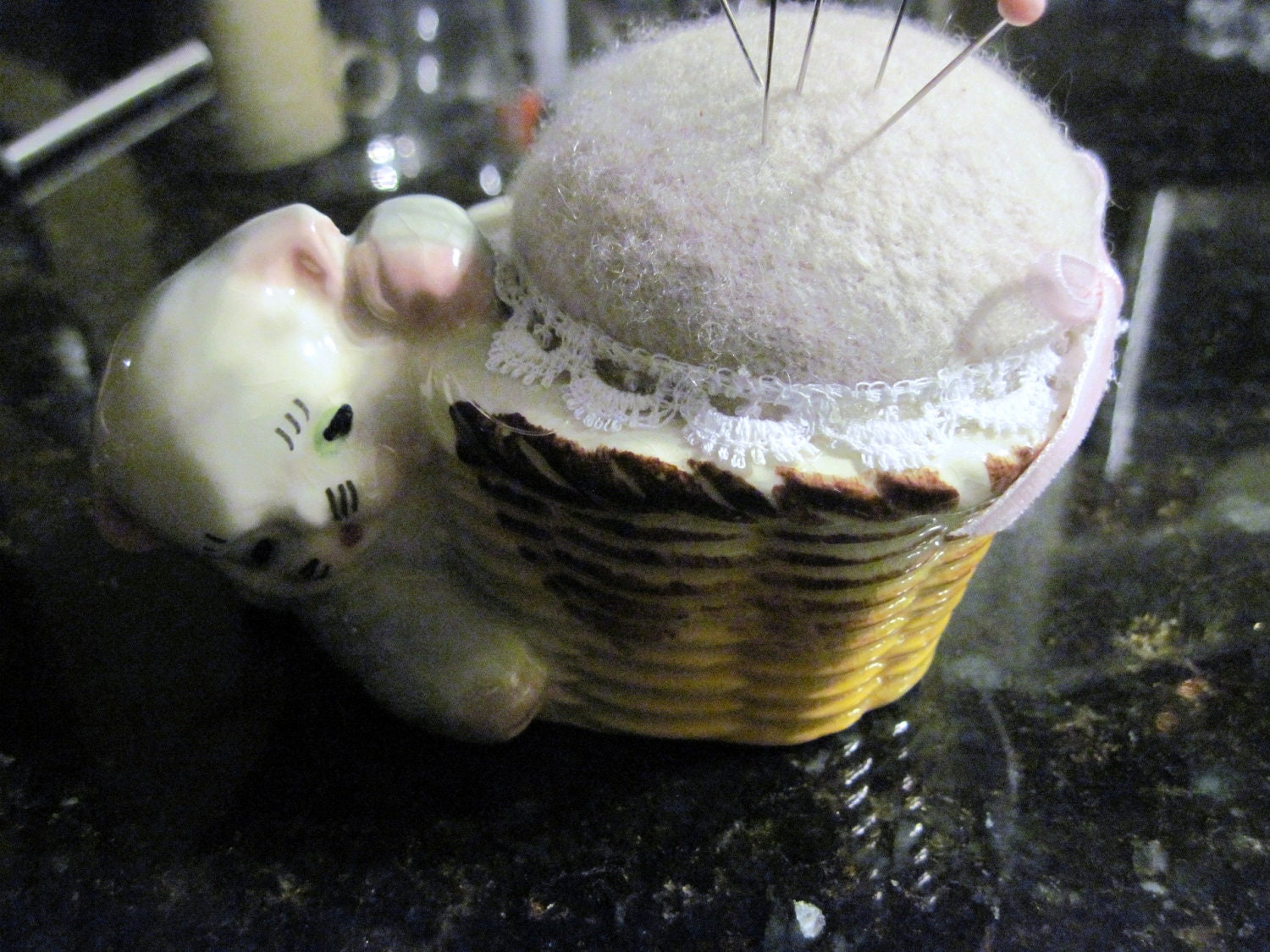 Pin Cushion In Ceramic A Little Kitty in a Basket