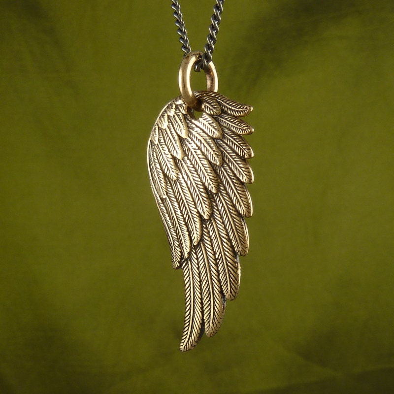 Angel Wing Necklace Bronze Angel Wing Pendant on 32" Gunmetal Chain - Angel Wing Jewelry