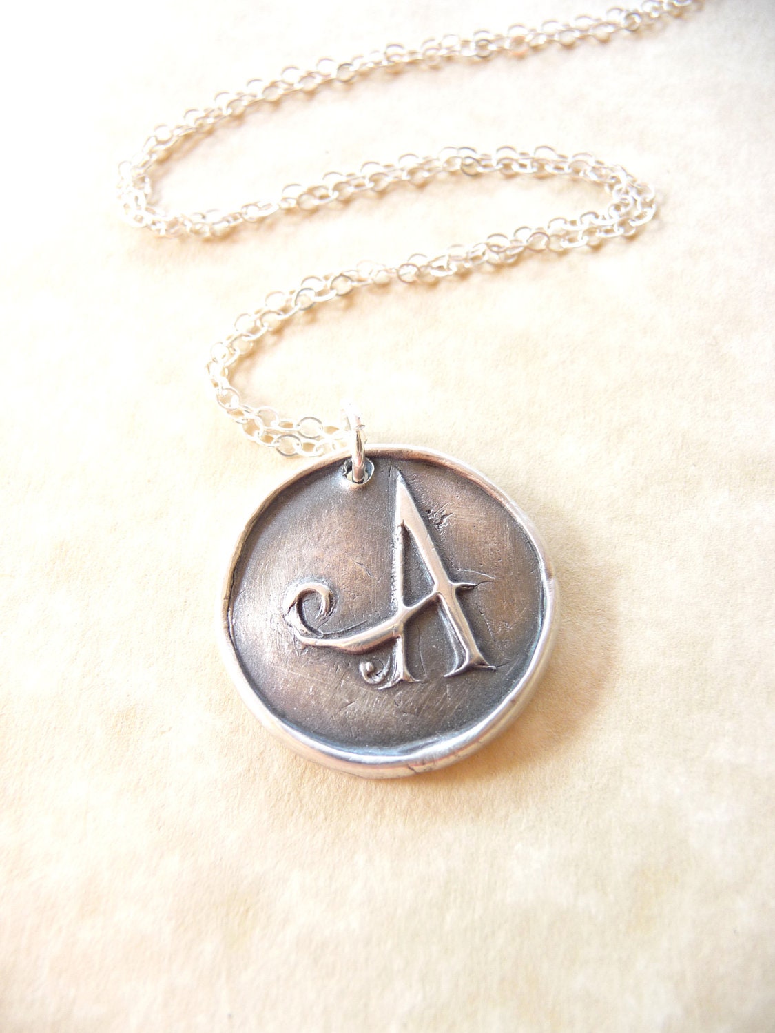 Wax seal monogram initial necklace pendant jewelry made from fine silver, custom made to order