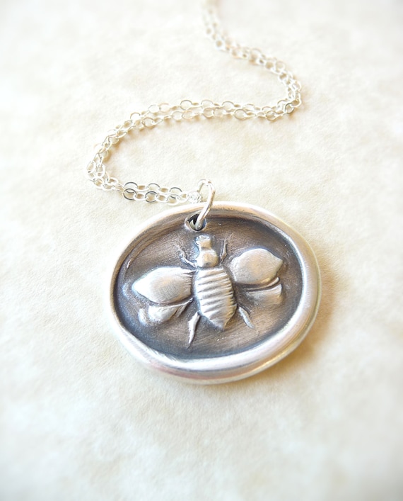 Bee wax seal necklace pendant jewelry, made from reclaimed fine silver
