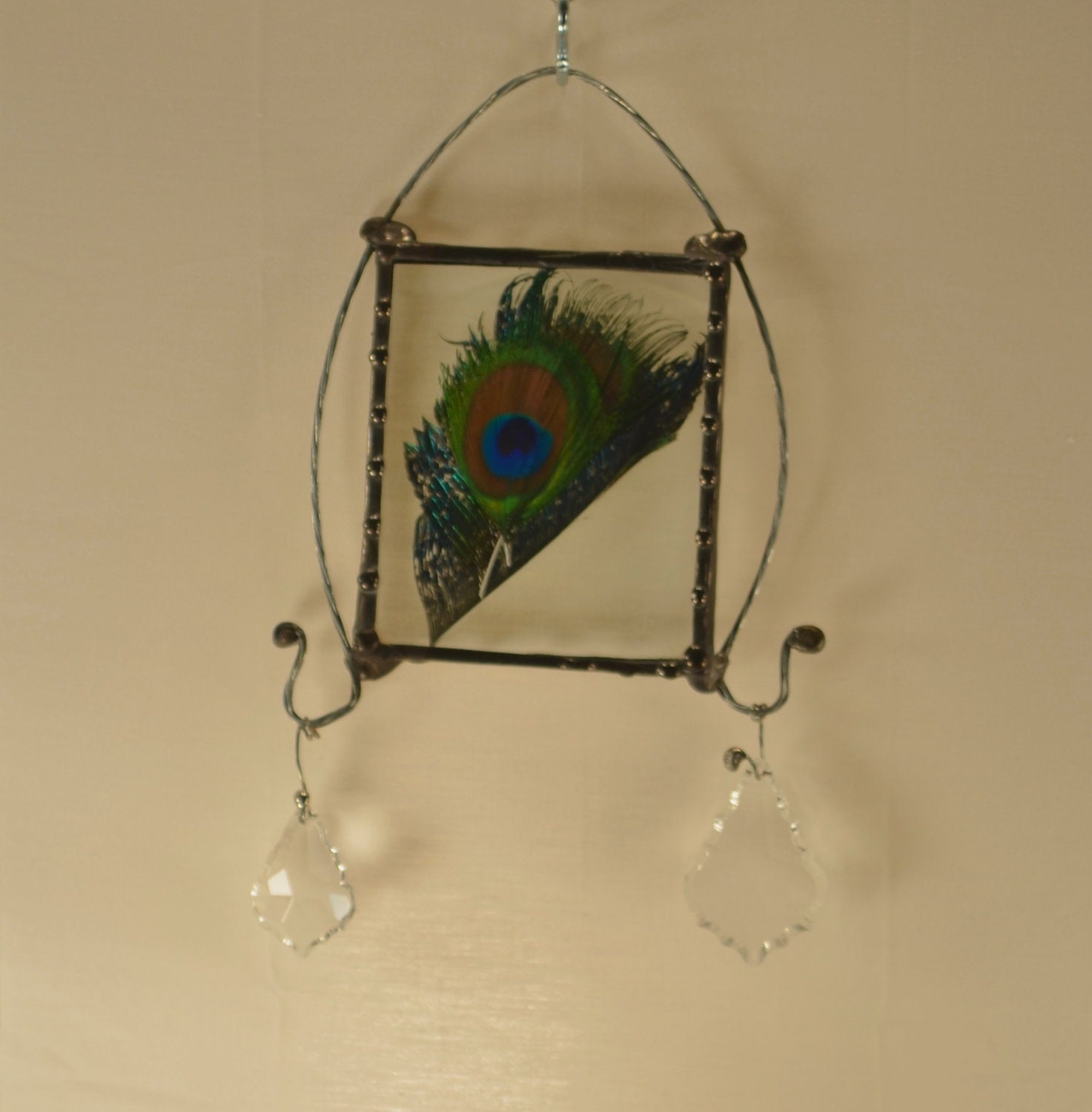 Square Geometric Sun Catcher With Peacock Feathers Beveled Pendants Free Shipping