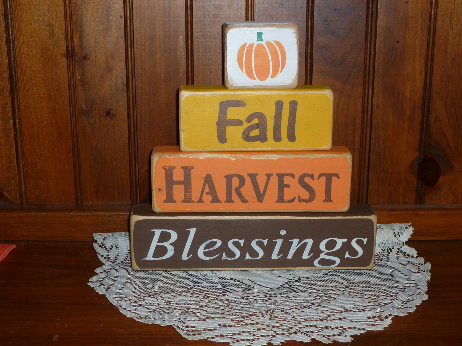 Primitive "Fall Harvest Blessings" chunky blocks sign with pumpkin - Halloween, Autumn