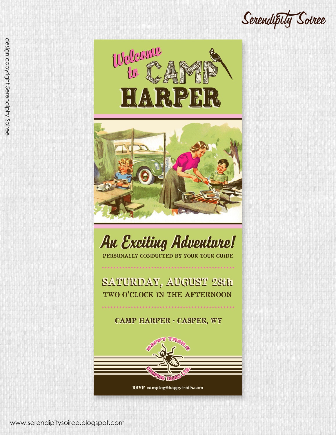 Vintage Camping (Happy Trails) Girls - Custom Printable Invitation by Catherine Jane Joy - Camping party