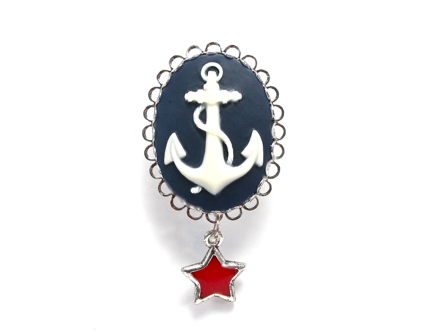 Anchor Cameo Brooch - Red - White and Navy Blue - Nautical Anchor Jewelry - Rockabilly Jewelry - Anchor and Star Pin