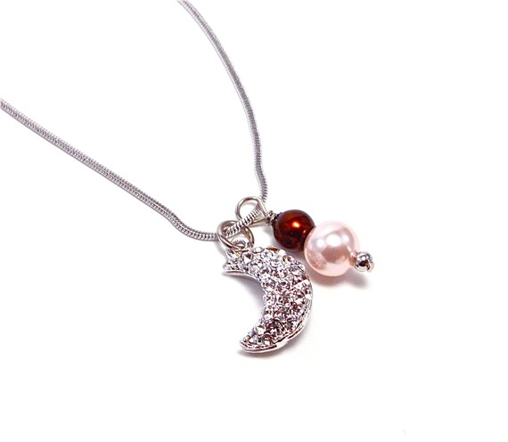 Silver Crystal Crescent Necklace - Pink and Brown Beaded Sorority Necklace - Half Moon - Celestial - Space - Greek Jewelry