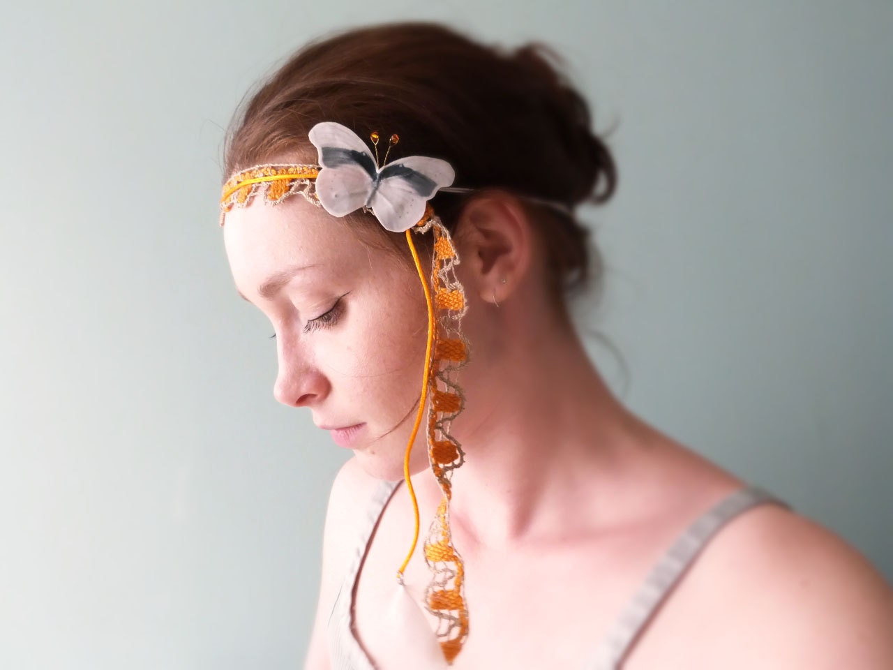 Butterfly headband Orange beige crochet OOAK by Jye, Hand-made in France - Joliejye