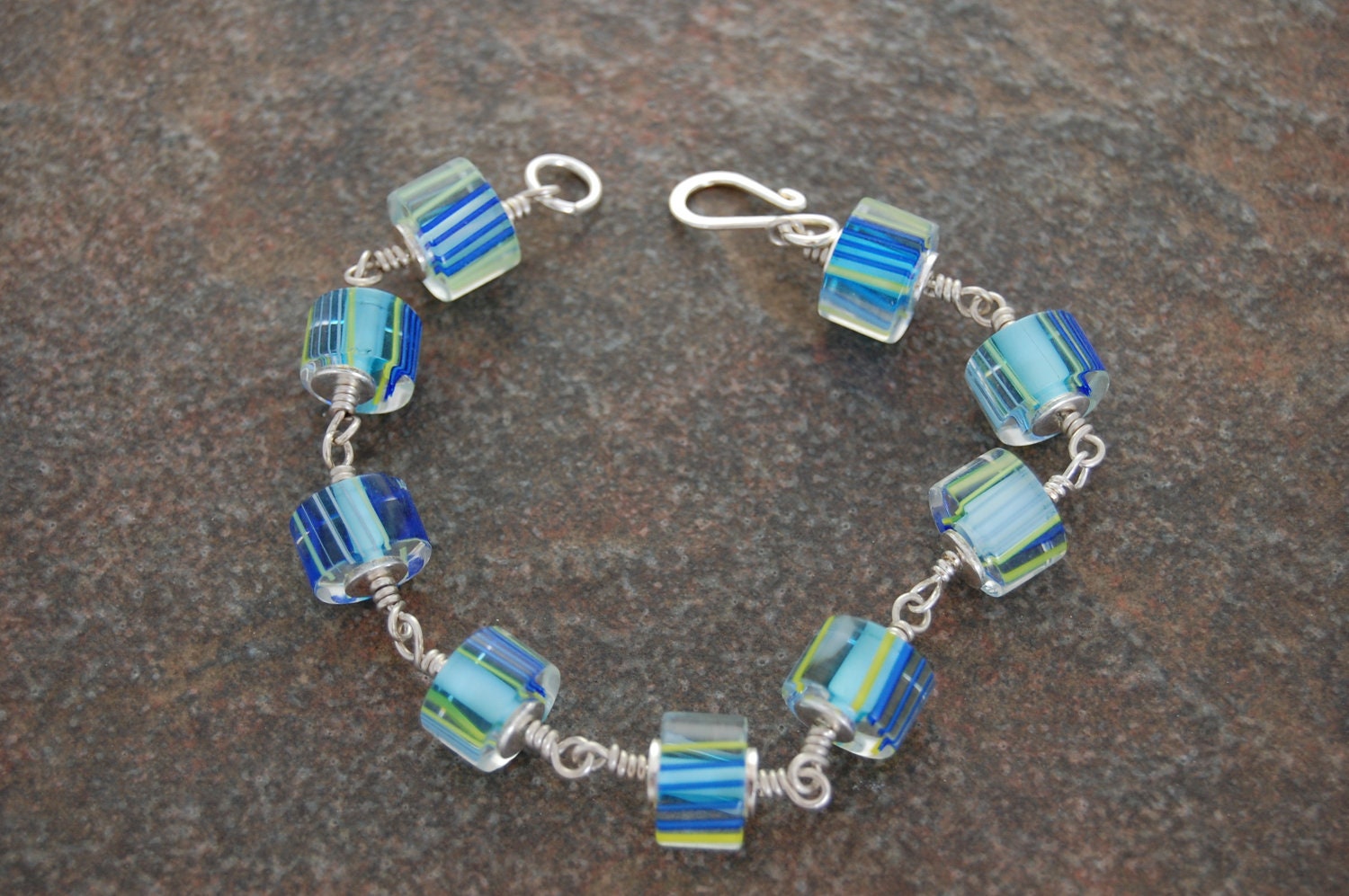 Sterling silver and striped cane glass bracelet