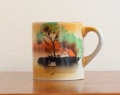 Vintage Coffee Mug / Tea Cup - Lovely Orange & Blue Sunset Scene w. Swan and Bright Green Tree on Island, Made in Japan