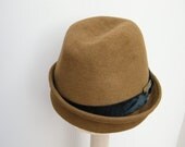 Trilby/Fedora womens fur felt winter hat  caramel brown winter hat vintage style buckle held by a black velvet ribbon