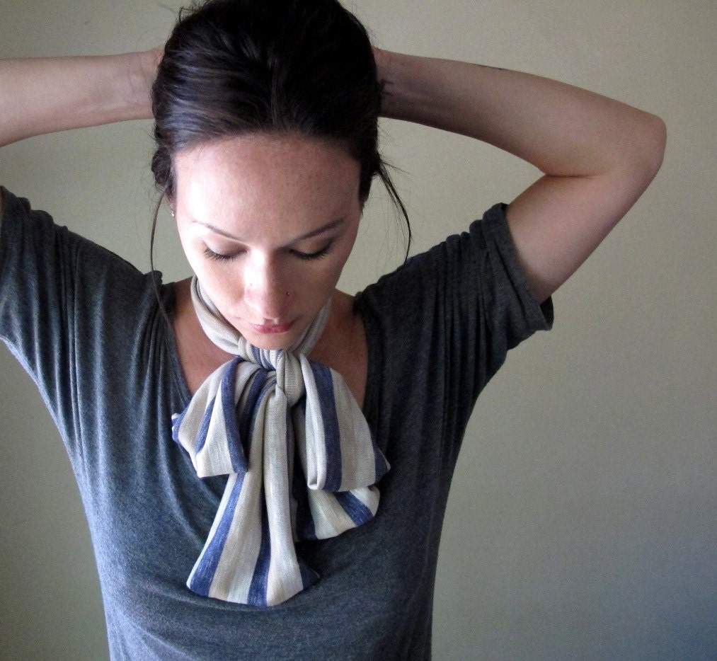 Striped Head Scarf, Hair Wrap, Headband - All in One Womens Neck Bow - Ascot - Sash - Denim Blue, Tan, Straw Stripes