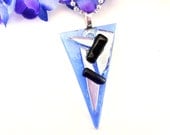 Geometric Fused Dichroic Glass Necklace Pendant Blue Silver and Black