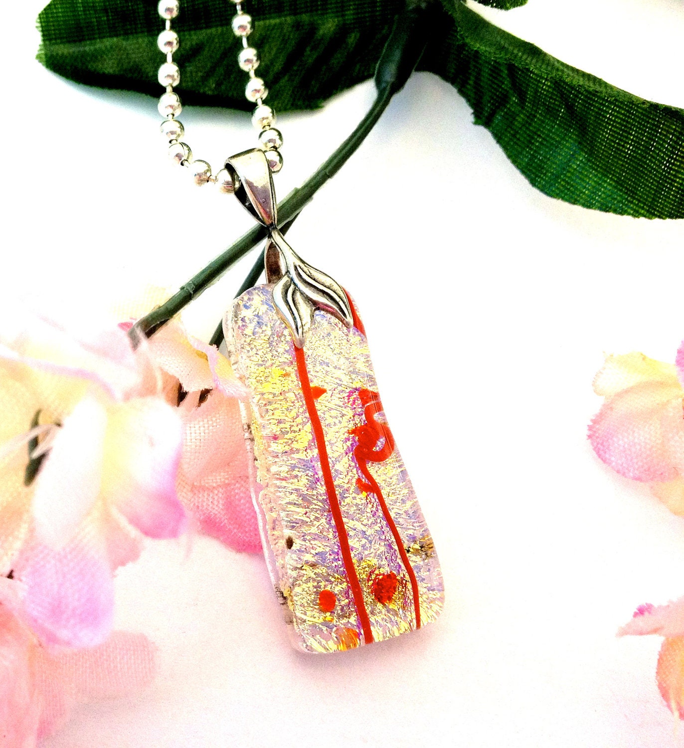 Fused Glass Gold Dichroic Pendant Necklace with Red Confetti Detail Statement Jewelry 004