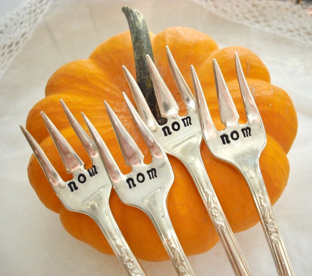 ESTATE SALE - Vintage Silver Plated Appetizer Hand Stamped Forks -  Queen Bess - Set of 4 - nom nom nom