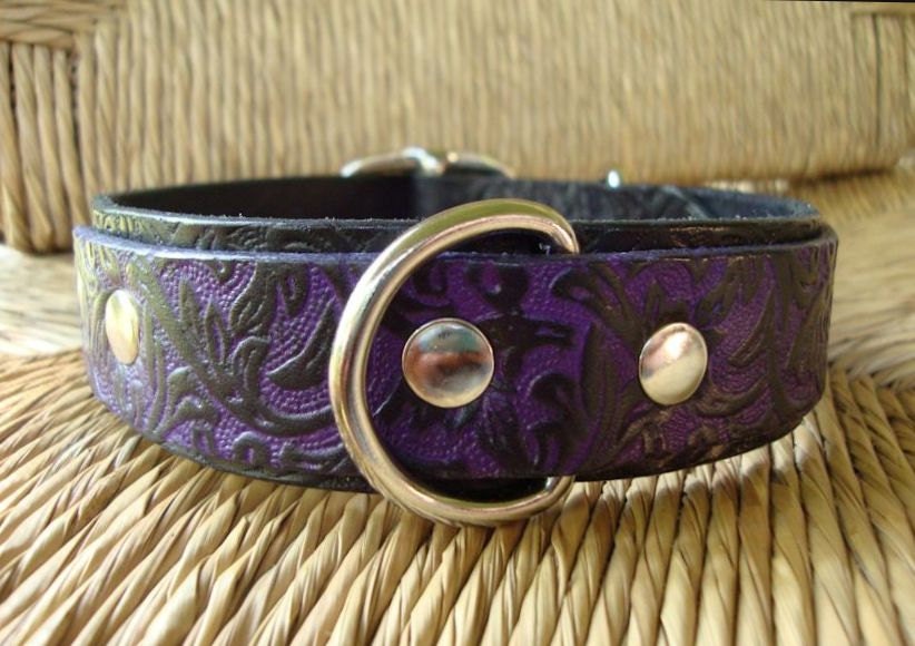 violet and Black Embossed Double Layer Leather Dog Collar. 1 1/4"  Bridle Leather Collar. Western Vine Design. Custom Size Medium or  Large.