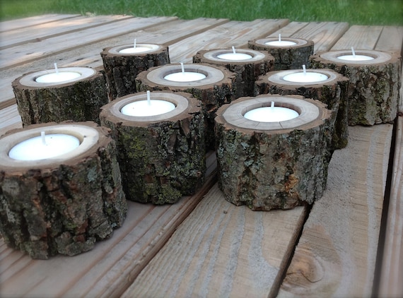 10 Wood Log Tea Light Candle Holders for Woodland Wedding. Black Walnut. All Natural. Rustic. 7 Hour Tea Light Candles Included.