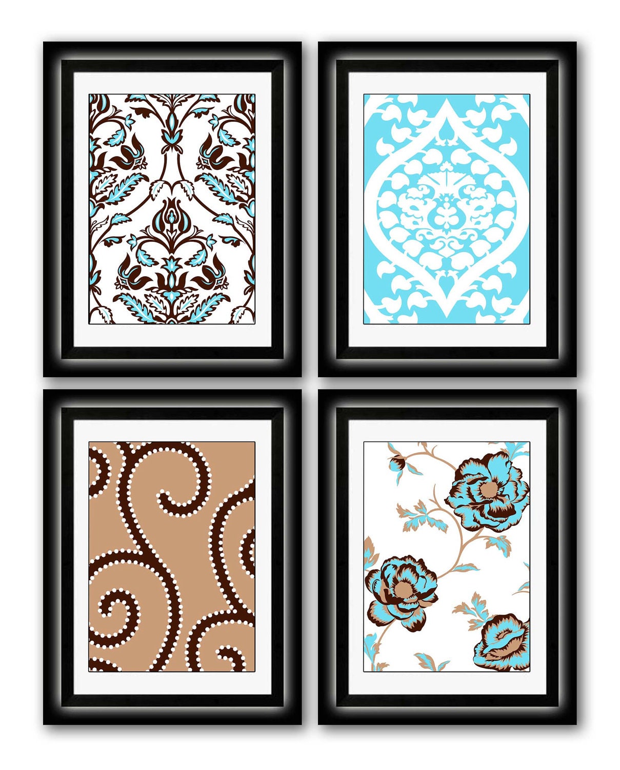 Set of Four Modern Turquoise/Beige Wall Art - Print Set - Home Decor - 8x11 Print (Unframed)