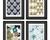 Set of Four Modern Vintage Green/Dark Blue Wall Art - Print Set - Home Decor - 8x11 Prints (Unframed)