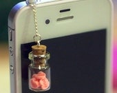 Kawaii LOVE BOTTLE with Pink Hearts Iphone Earphone Plug/Dust Plug - Cellphone Headphone Handmade Decorations