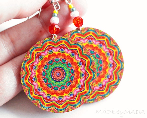 Gypsy kaleidoscope Colorful Round decoupage earrings ,  gift for her under 25 (A2) - MADEbyMADA