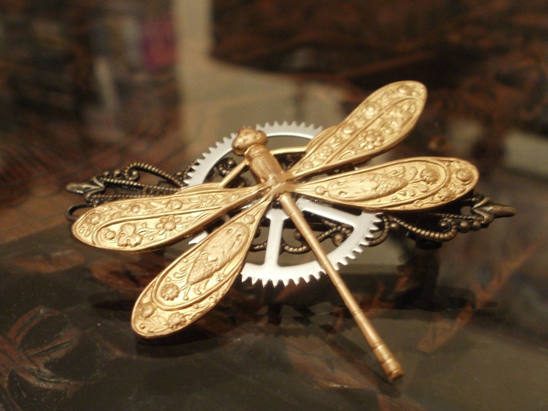 Steampunk Dragonfly Barrette in Bright Brass