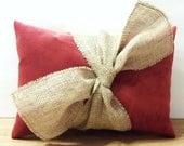 Decorative Throw Pillow in Russet Velour and Tied With A Burlap Bow For Home Decor
