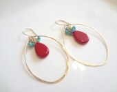 Turquoise and Coral Earrings, Gold Hoops, 14K Gold Filled, Fashion, Modern, Minimalist, Handmade Jewelry, Jewellery