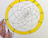 Yellow Dreamcatcher: Original Watercolor & Ink Illustration 9"x12"