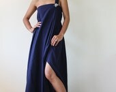 One shoulder Maxi Dress - Split halter navy blue dress : Classic Collection