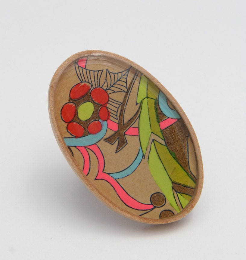 Funky Fabulous Ring, Upcycled Greeting Card, Wood Bezel, Large
