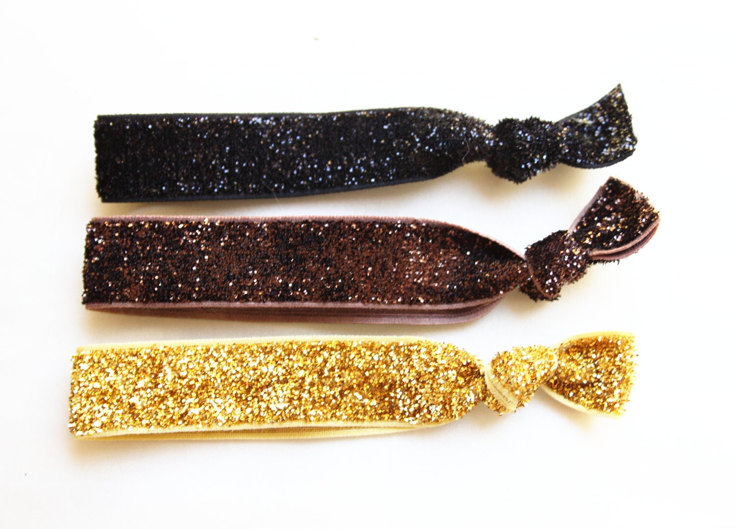 Three Metallic Glitter Hair Ties with Pouch, No Crease Rubber Bands, Hair Elastic, Ponytail Holder