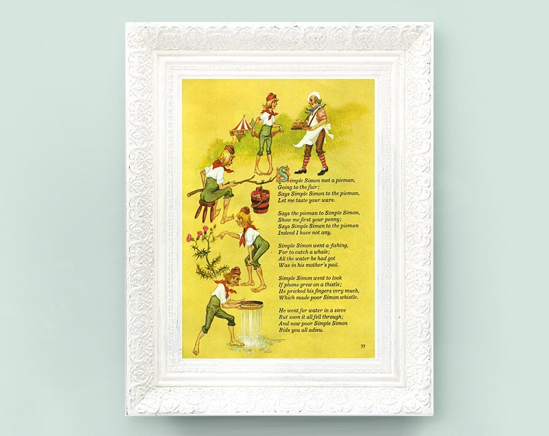 Vintage Nursery Rhyme Fairytale Poem Print for Babys Bedroom. Simple Simon 8x10 Vintage Nursery Print Eric Kincaid