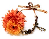 Halloween Hair Piece- Vintage Gothic Rosary Beads, Gypsy Fall Orange flowers. Belly Dance Headdress